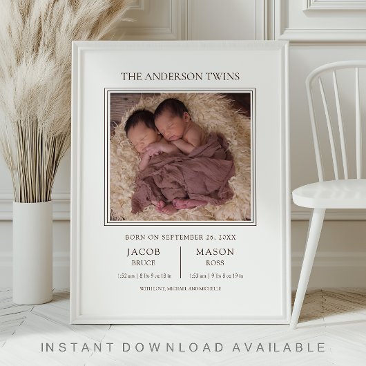 Modern Sweet Twins Photo Birth Announcement ポスター