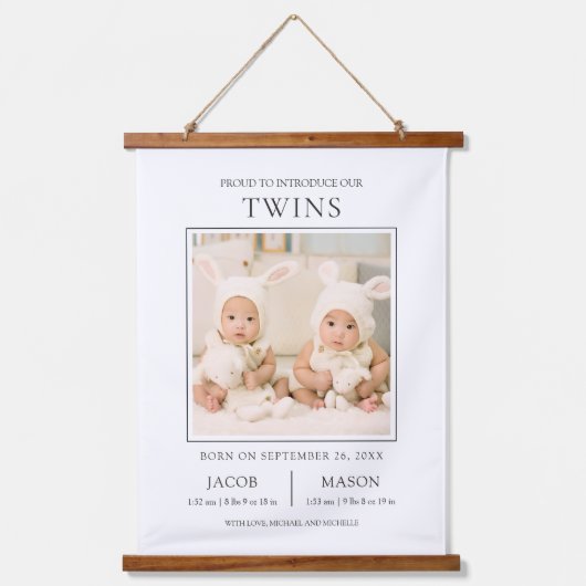 Modern Sweet Twins Photo Birth Announcement 吊り下げ型タペストリー (正面)
