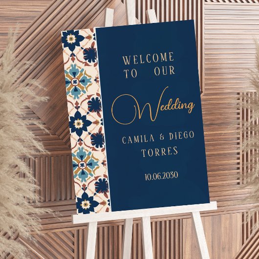Modern Talavera Mexican Tile Wedding Welcome Sign ポスター