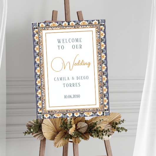 Modern Talavera Mexican Tile Wedding Welcome Sign ポスター