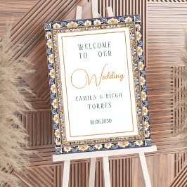 Modern Talavera Mexican Tile Wedding Welcome Sign ポスター