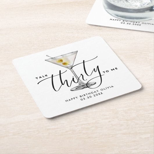 Modern “Talk Thirty to Me” Martini Glass 30th スクエアペーパーコースター (アングル)