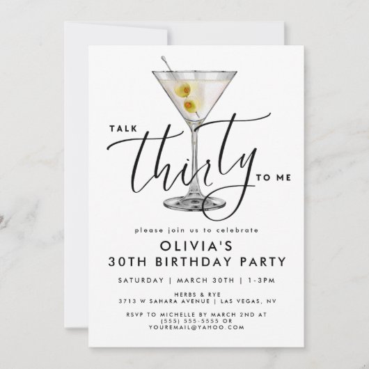 Modern “Talk Thirty to Me” Martini Glass 30th 招待状 (正面)