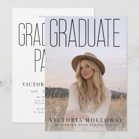 Modern Tall Typography Graduation Party Invitation 招待状 (正面/裏面)