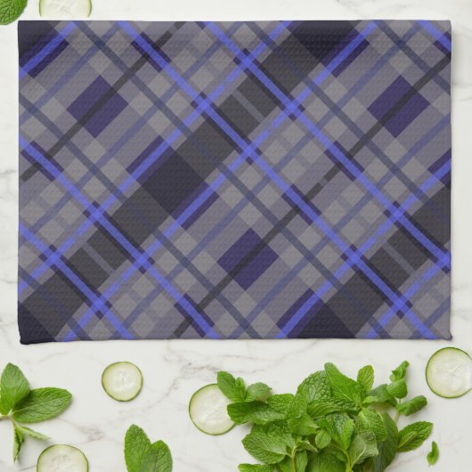 Modern Tartan Blue Gray Black Pattern キッチンタオル (折り畳み)