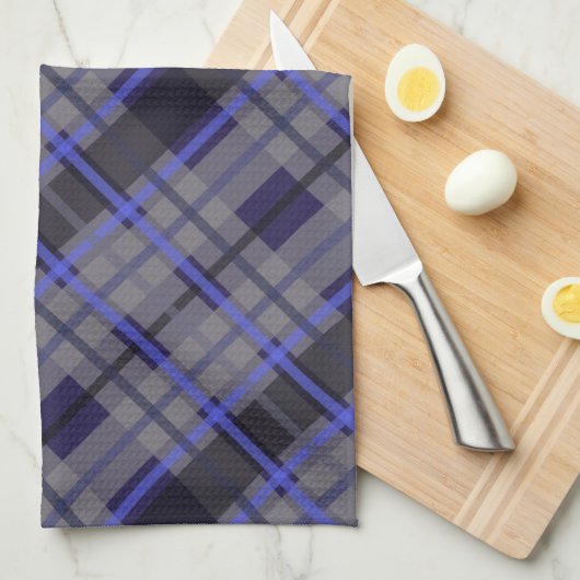 Modern Tartan Blue Gray Black Pattern キッチンタオル (四つ折り)