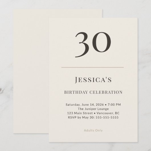 Modern Taupe & Cream 30th Birthday Celebration 招待状 (正面/裏面)