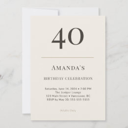 Modern Taupe & Cream 40th Birthday Celebration 招待状