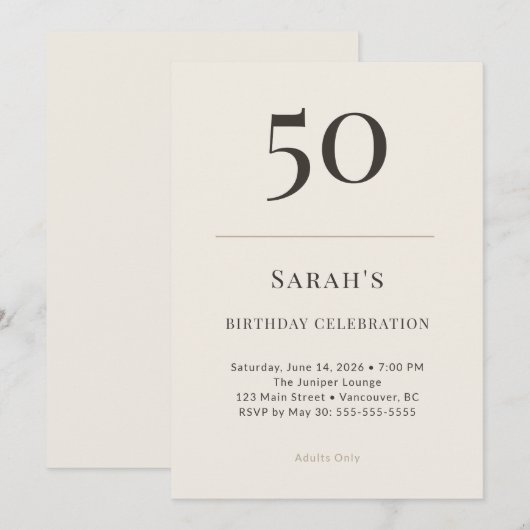 Modern Taupe & Cream 50th Birthday Celebration 招待状 (正面/裏面)