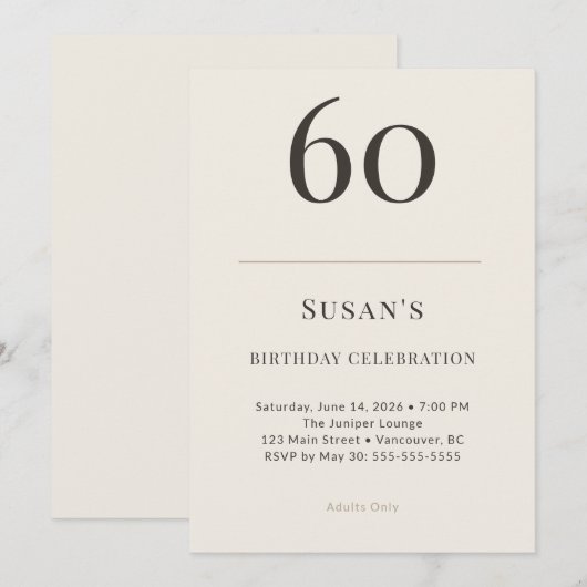 Modern Taupe & Cream 60th Birthday Celebration 招待状 (正面/裏面)