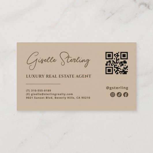 Modern Taupe Minimalist Script QR Code 名刺 (裏面)