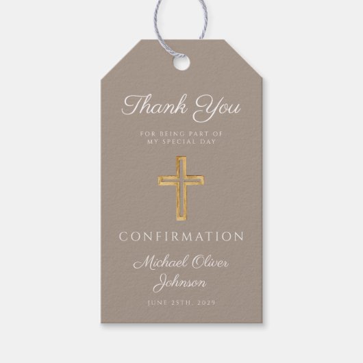 Modern Taupe Religious Cross Boy Confirmation ギフトタグ (正面)