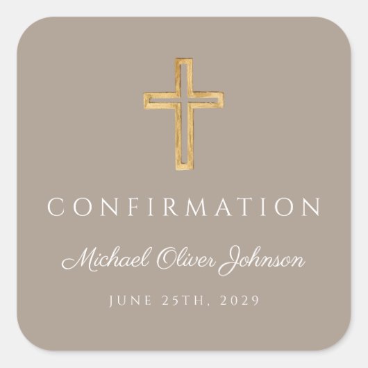 Modern Taupe Religious Cross Boy Confirmation スクエアシール (正面)