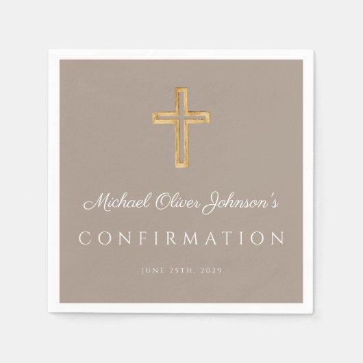 Modern Taupe Religious Cross Boy Confirmation スタンダードカクテルナプキン (正面)