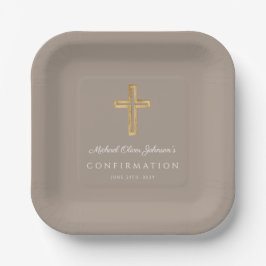 Modern Taupe Religious Cross Boy Confirmation ペーパープレート