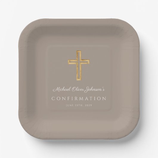 Modern Taupe Religious Cross Boy Confirmation ペーパープレート (正面)