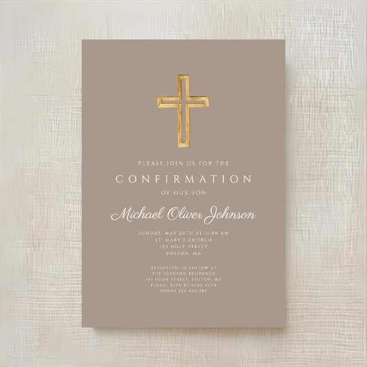 Modern Taupe Religious Cross Boy Confirmation 招待状