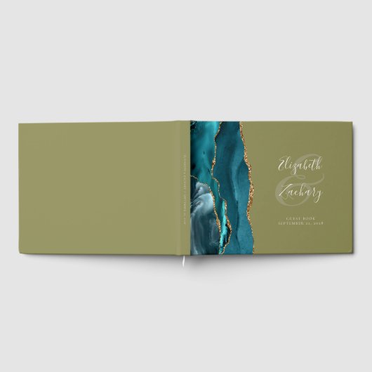 Modern Teal Agate Gold Script Olive Green ゲストブック (全面)