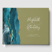 Modern Teal Agate Gold Script Olive Green ゲストブック (正面)