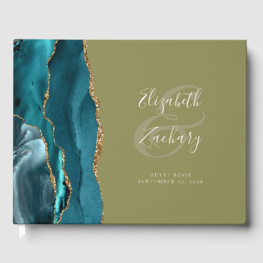 Modern Teal Agate Gold Script Olive Green ゲストブック (正面)