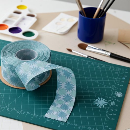 Modern Teal Blue Abstract Floral Pattern グログランリボン