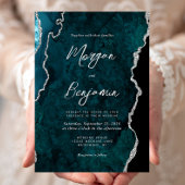 Modern Teal Blue Agate Silver Script Wedding 招待状