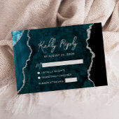Modern Teal Blue Agate Silver Script Wedding RSVP