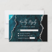 Modern Teal Blue Agate Silver Script Wedding RSVP (正面)