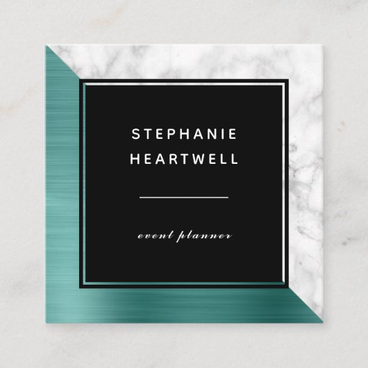 Modern Teal Blue Brushed Metal White Marble Black スクエア名刺 (正面)
