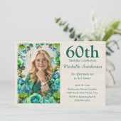 Modern Teal Blue Green Flowers 60th Birthday Photo 招待状 (スタンド正面)