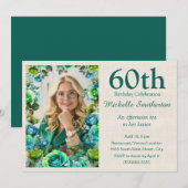 Modern Teal Blue Green Flowers 60th Birthday Photo 招待状 (正面/裏面)