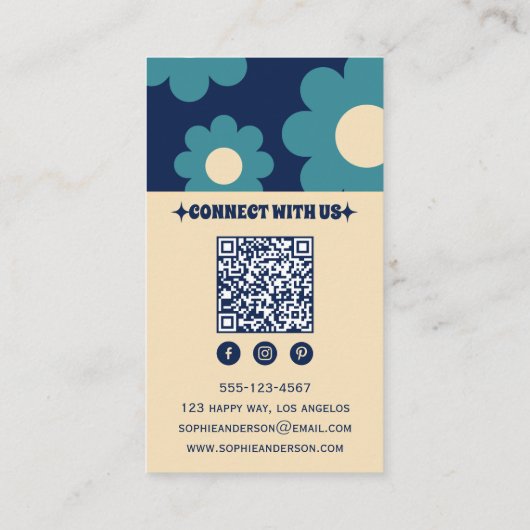 Modern Teal Blue Retro Floral Pattern with QR Code 名刺 (裏面)