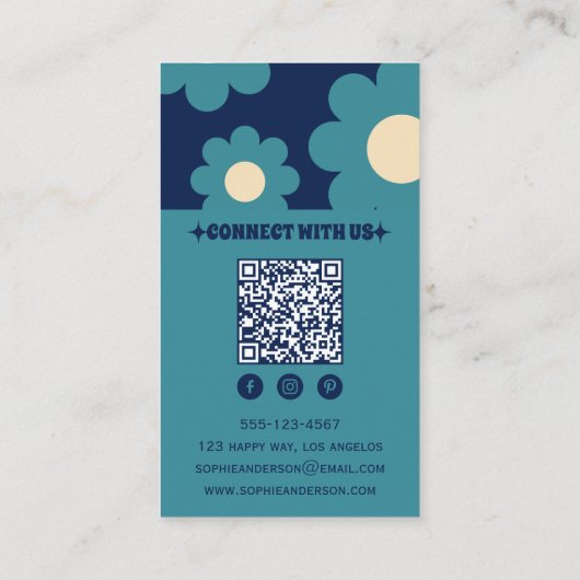 Modern Teal Blue Retro Floral Pattern with QR Code 名刺 (裏面)