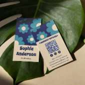 Modern Teal Blue Retro Floral Pattern with QR Code 名刺