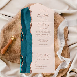 Modern Teal Blue Rose Gold Agate Blush Wedding オールインワン招待状