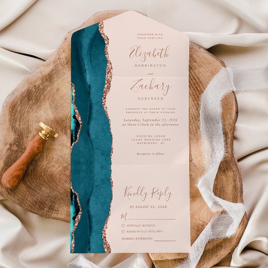Modern Teal Blue Rose Gold Agate Blush Wedding オールインワン招待状