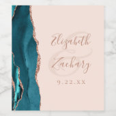 Modern Teal Blue Rose Gold Agate Blush Wedding ワインラベル (シングルラベル)