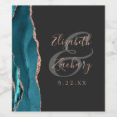 Modern Teal Blue Rose Gold Agate Dark Wedding ワインラベル (シングルラベル)
