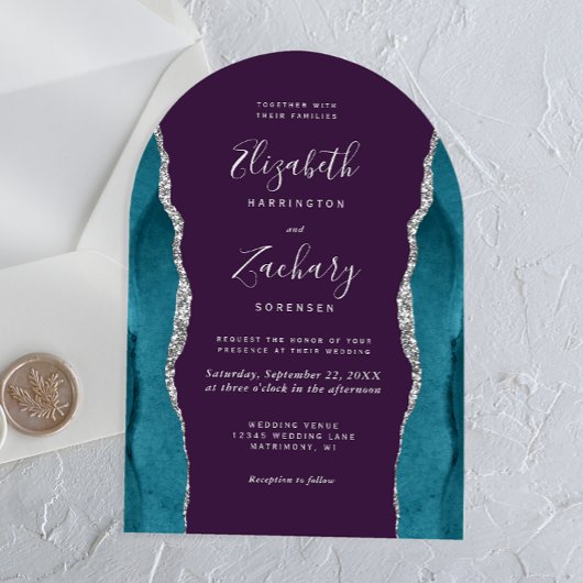 Modern Teal Blue Silver Agate Purple Arch Wedding アクリル招待状