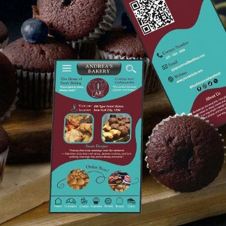 Modern Teal Burgundy Bakery Logo and QR Code   名刺