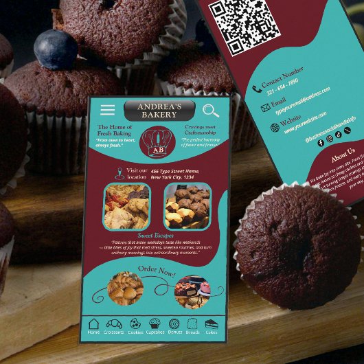 Modern Teal Burgundy Bakery Logo and QR Code   名刺