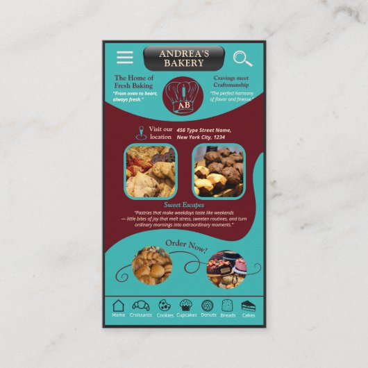 Modern Teal Burgundy Bakery Logo and QR Code   名刺 (正面)