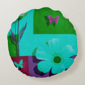 Modern Teal Floral Garden Round Pouf ラウンドクッション (裏面)