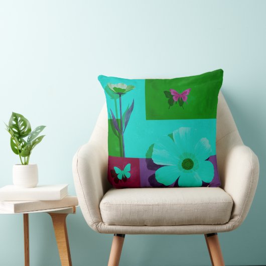 Modern Teal Floral Garden Throw Pillow クッション (椅子)
