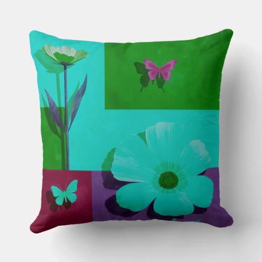 Modern Teal Floral Garden Throw Pillow クッション (裏面)