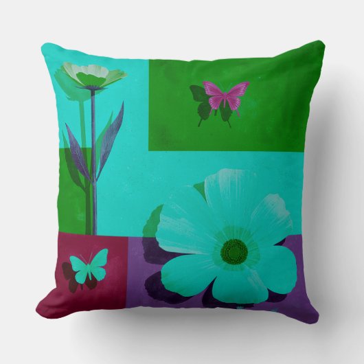 Modern Teal Floral Garden Throw Pillow クッション (正面)