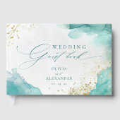 Modern Teal Gold Abstract Beach Wedding ゲストブック (正面)