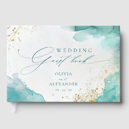 Modern Teal Gold Abstract Beach Wedding ゲストブック (正面)