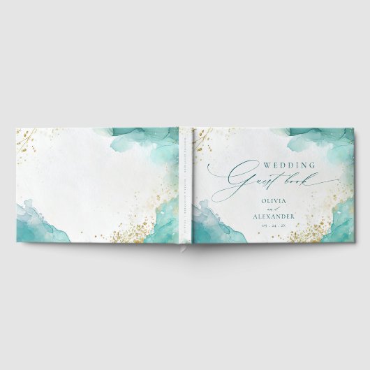 Modern Teal Gold Abstract Beach Wedding ゲストブック (全面)