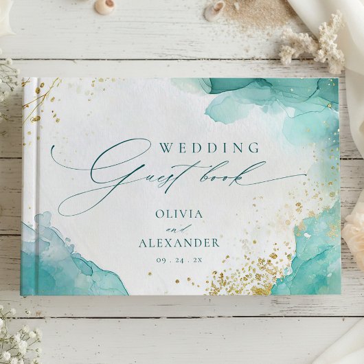Modern Teal Gold Abstract Beach Wedding ゲストブック